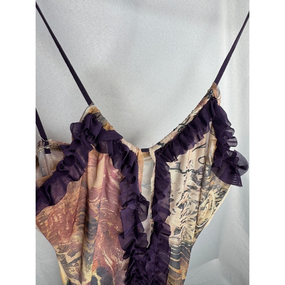 Vintage Mesh Maxi Dress Leopard Floral Script Print Ruffle Trim Bodycon Brown - Picture 7 of 13